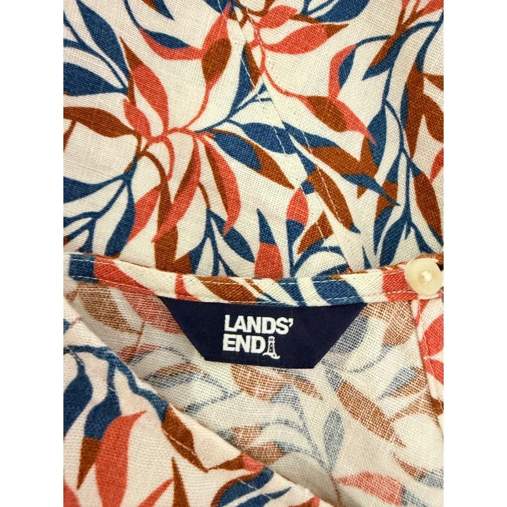 Lands End Linen Shift Dress Womens 1X Multi Color Leaf Print Sleeveless Pockets
